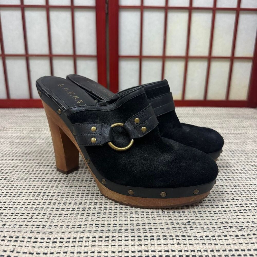 Ralph Lauren Black Suede Buckle Heeled Clog Mules Indie Sleaze